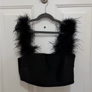 Elegant Black Feathered Crop Top